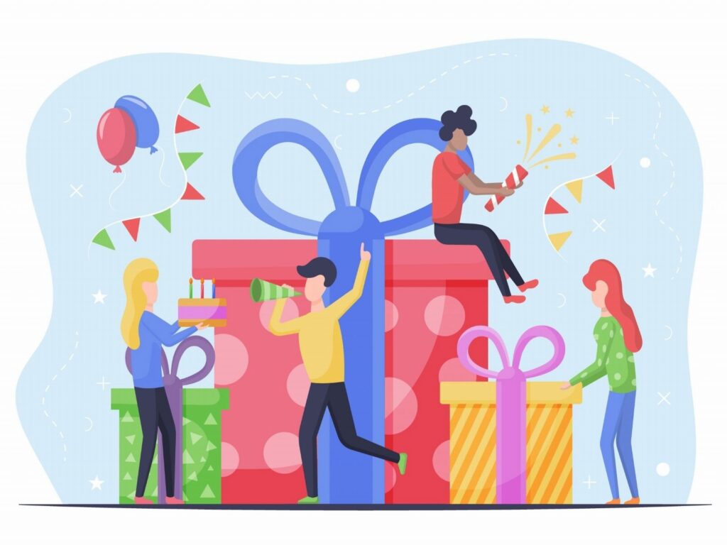 friends celebrating birthday with gifts